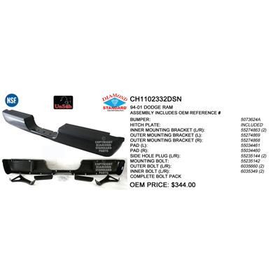 DG P/U 94-01 Rear Bumper FACE BAR Black =02 OLD B