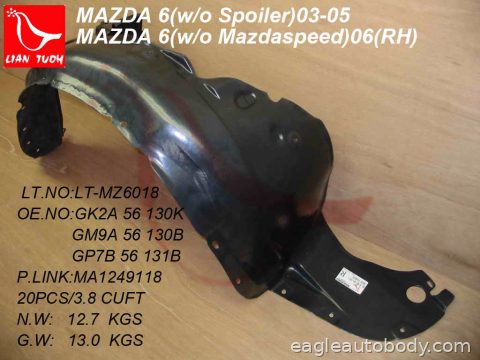 MAZDA*6 03-08 RT FENDER LINER*W/O SPOILER HOL 08220*R